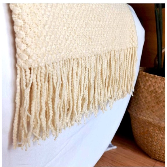 Cream Neutral Farmhouse Cozy Knit Fringe Bohemian Cute Throw Blanket for Bedroom - Picture 5 of 16